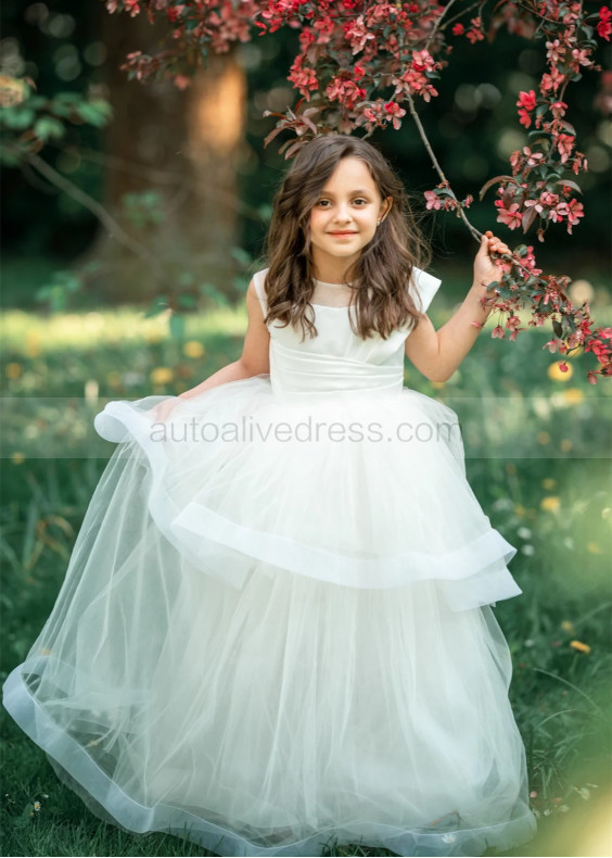 Ivory Pleated Satin Tulle Tiered Flower Girl Dress
